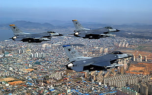 thee black fighter planes, General Dynamics F-16 Fighting Falcon, jet fighter, airplane