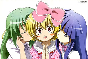 three anime characters with blonde, green, and blue hairs