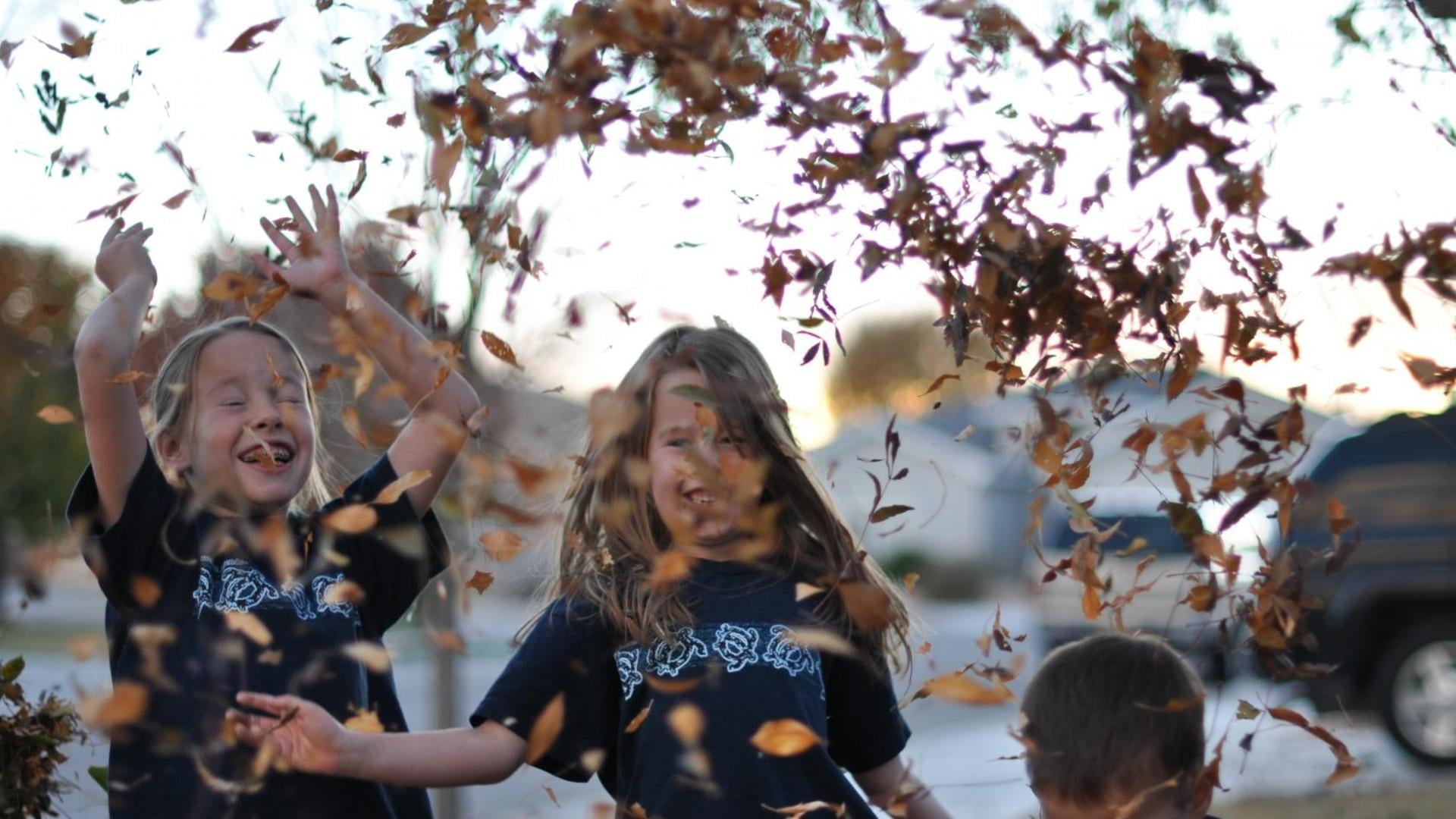 two girls wearing black crew-neck t-shirt playing dried leaves during daytime