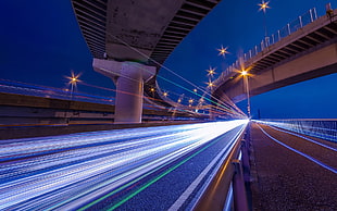timelapse photography of vehicle on street, light trails, architecture, bridge, night HD wallpaper