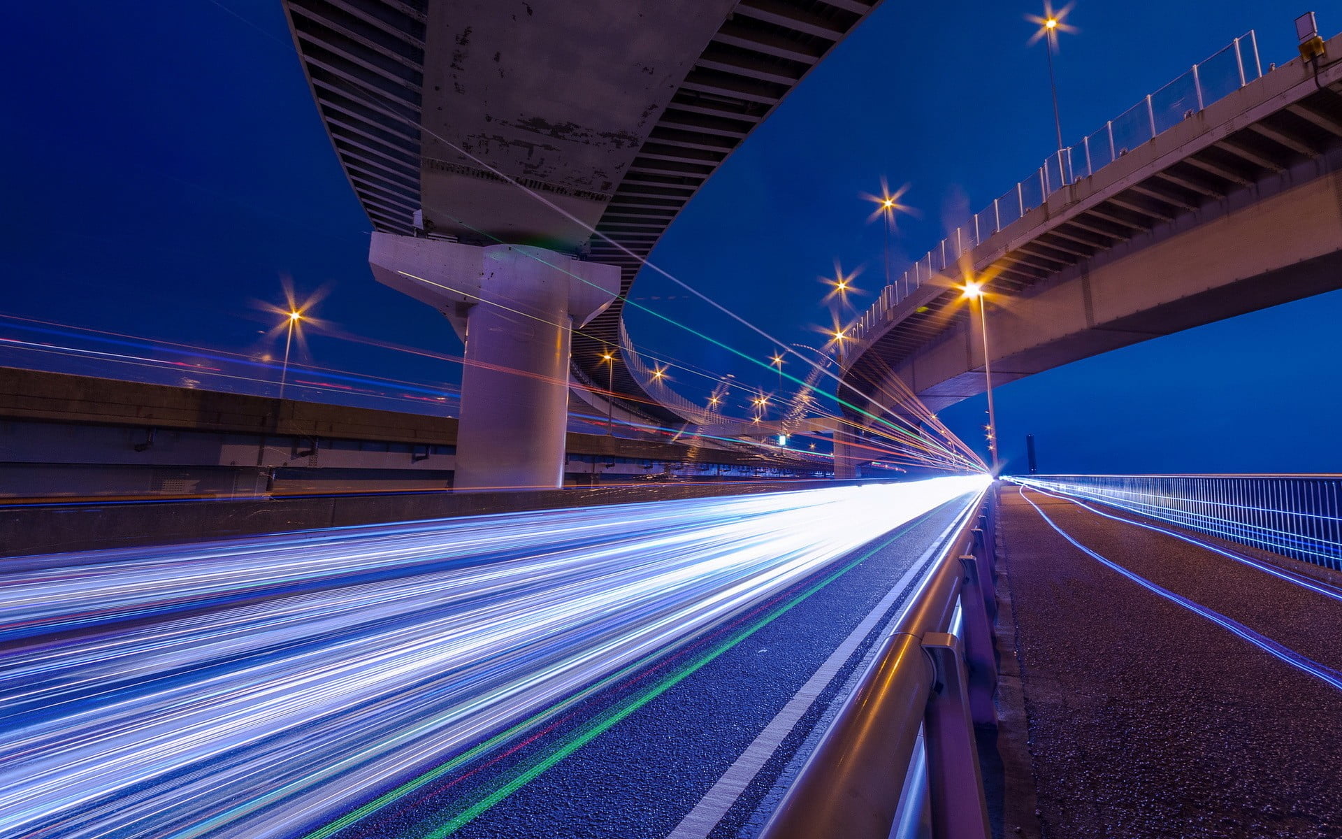 timelapse photography of vehicle on street, light trails, architecture, bridge, night