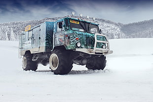 green and blue monster truck on snow HD wallpaper