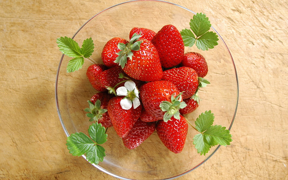 strawberries with clear glass plate HD wallpaper