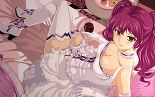 female anime character wearing maiden costume laying in bed digital wallpaper