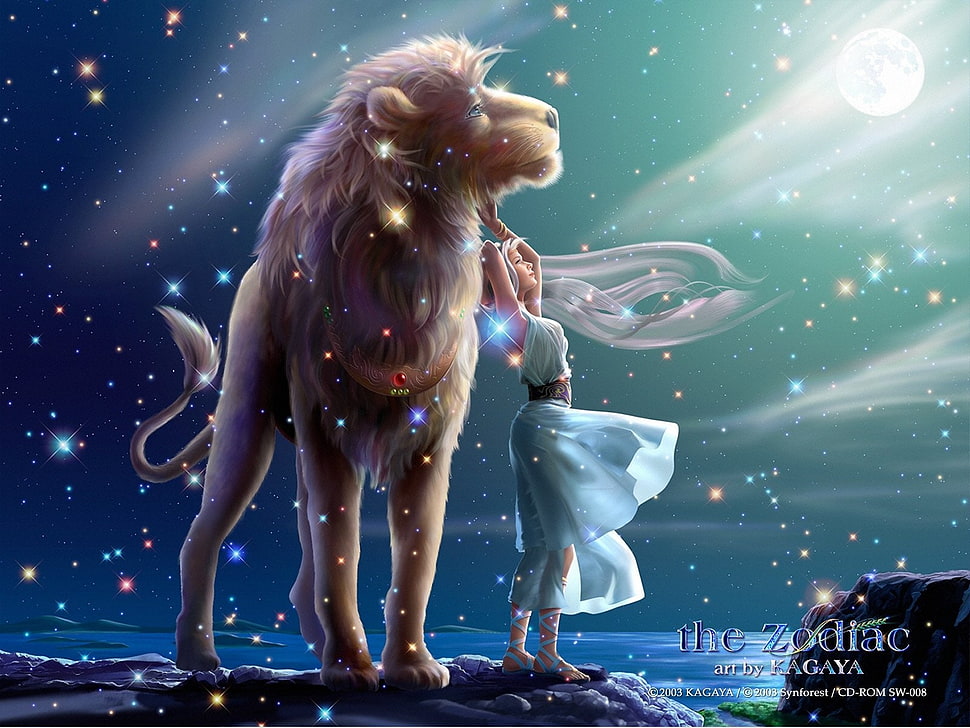 woman in blue dress standing beside lion artwork HD wallpaper