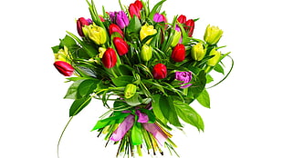 yellow, red, and pink flower arrangement, flowers, bouquets, tulips
