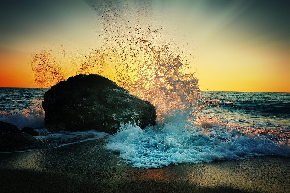 rock on seashore wallpaper, waves, nature, rock, sun rays HD wallpaper