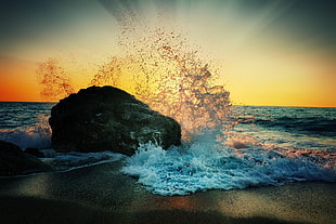 rock on seashore wallpaper, waves, nature, rock, sun rays