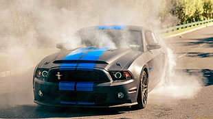 black and blue Ford Mustang, sports car, Ford Mustang