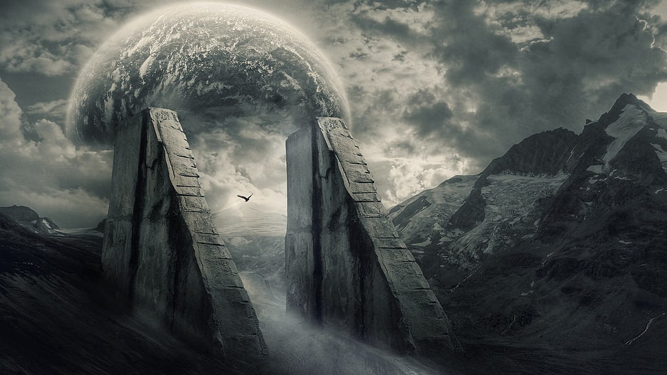 black eagle and mountain, artwork, eagle, planet, digital art HD wallpaper