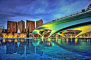 green painted bridge near city under blue sky painting HD wallpaper