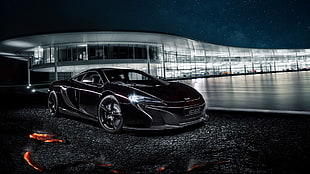 black sports coupe digital wallpaper, McLaren 650S, car, night, McLaren Technology Centre