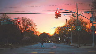 yellow traffic light, New York City, street, sunset
