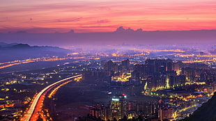 city buildings and mountains during sunset, city, cityscape, Taiwan, taipeh