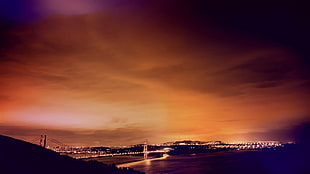 brown suspension bridge, sky, horizon, clouds, night