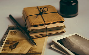 bunch of notebooks, books, pens, old photos, ink HD wallpaper