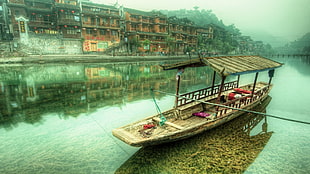brown wooden boat, HDR, river, boat, China