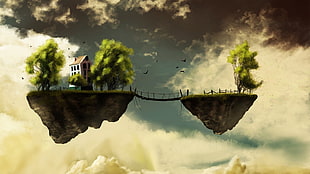 two green-and-gray floating islands digital wallpaper, fantasy art, sky, clouds, trees