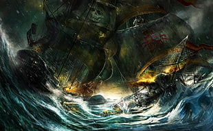 two brown sailing ships on sea digital wallpaper, pirates, ship, storm
