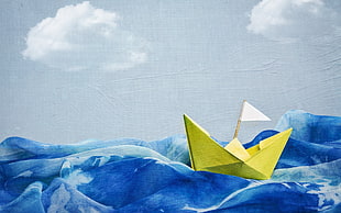 yellow paper boat, paper boats, painting, sea, waves