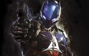 blue and gray armored suit with semi-automatic pistol
