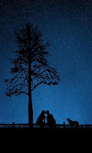 silhouette of male and female kissing beside dog painting