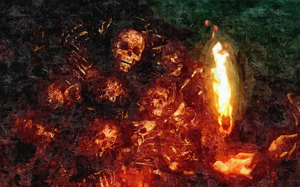 burning skull digital wallpaper, skull, death, digital art, teeth HD wallpaper