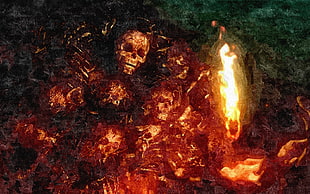 burning skull digital wallpaper, skull, death, digital art, teeth