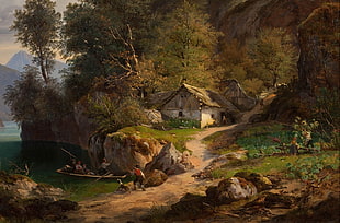 painting of people near cabin beside lake, painting, pastoral, cottage, boat