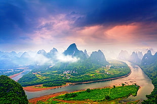 river illustration, nature, landscape, mist, mountains HD wallpaper