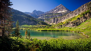 lake between tress and mountain during daytime