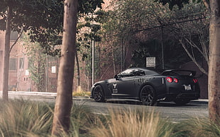 black coupe, car, street, trees, Nissan GT-R