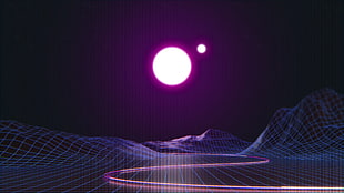 purple planet and graphic mountain digital wallpaper, abstract, planet, space
