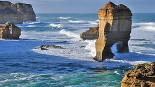 brown stone cliff, nature, landscape, sea, beach HD wallpaper
