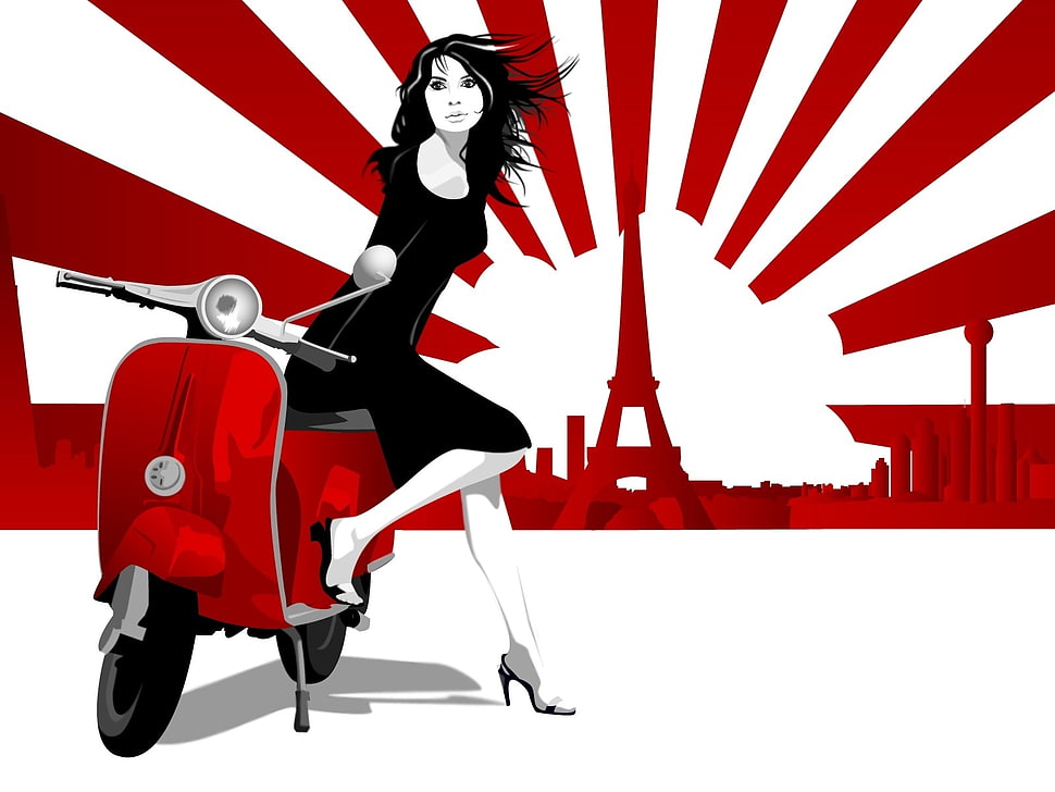 Girl,  Scooter,  Paris,  Eiffel tower HD wallpaper