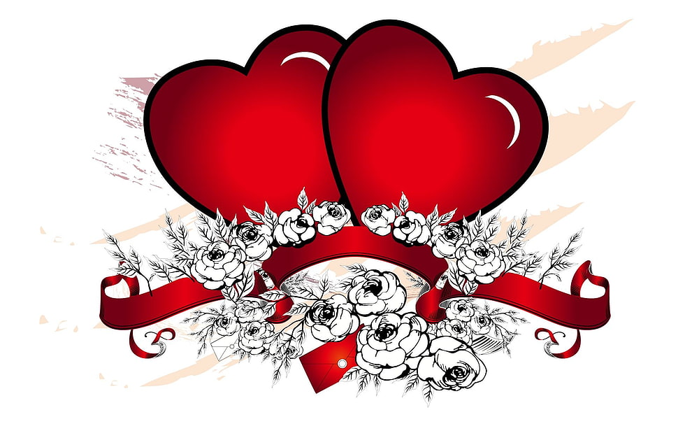 two red hearts with grayscale rose flower logo HD wallpaper