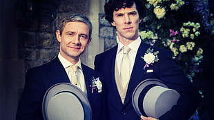 men's black formal suit, Sherlock, Benedict Cumberbatch, Martin Freeman, weddings