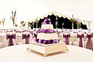 white icing 2-tier cake on round white table