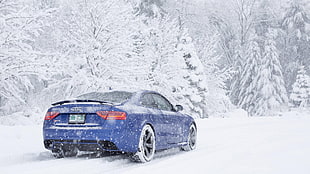 blue coupe, car, snow, Audi RS5, Audi