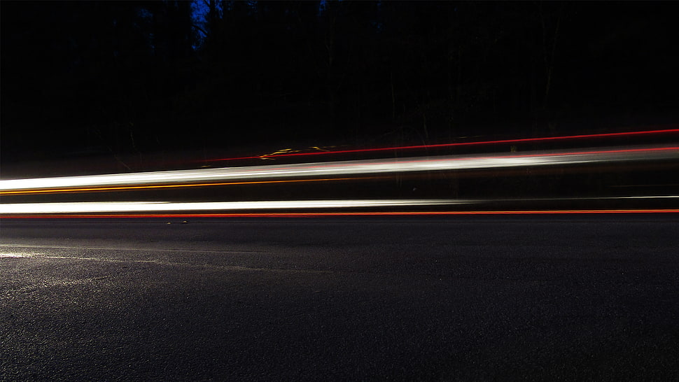 grey concrete road, long exposure, dark, lights, lines HD wallpaper