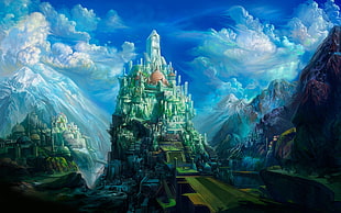 green castle digital wallpaper, digital art, fantasy art, castle, clouds