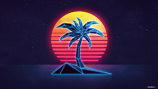 palm tree in front of moon illustration, 1980s, palm trees, Sun, stars