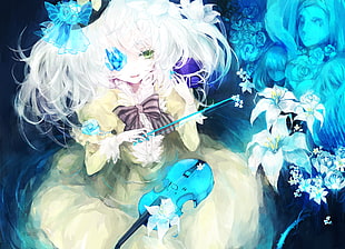 female anime character illustration, violin, flowers, dress HD wallpaper