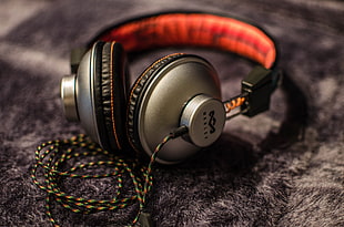 gray and red headphones HD wallpaper