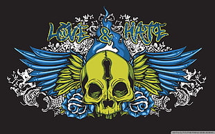 blue and yellow skull and wings logo, love, skull, wings, rose