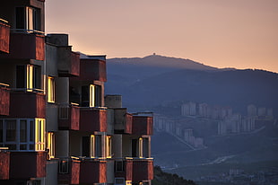 black and red concrete building, sunset, house, building