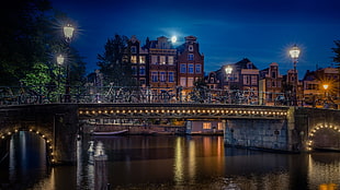 bridge with lights, landscape, nature, Amsterdam, bridge