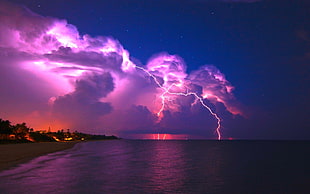photo of lightning sky stroke on sea HD wallpaper
