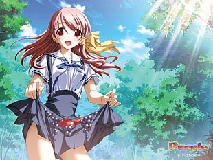 screenshot of female anime character running between tall trees during day