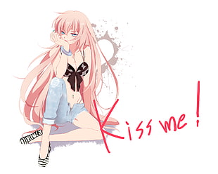 pink hair female anime character with kiss me! text